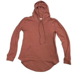 Weekend edition darker pink / reddish color long sleeve womens shirt with hood.